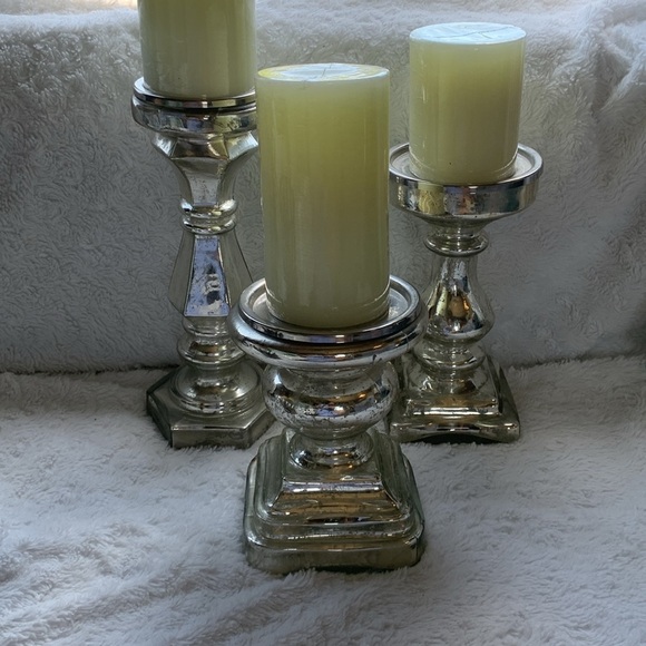 Mercury glass Antiqued Mirror Chunky Candleholder set of 3 glam shabby chic - Picture 2 of 14